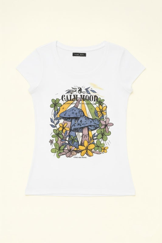 Women’s White Printed T-Shirt – “Calm Mood” Graphic