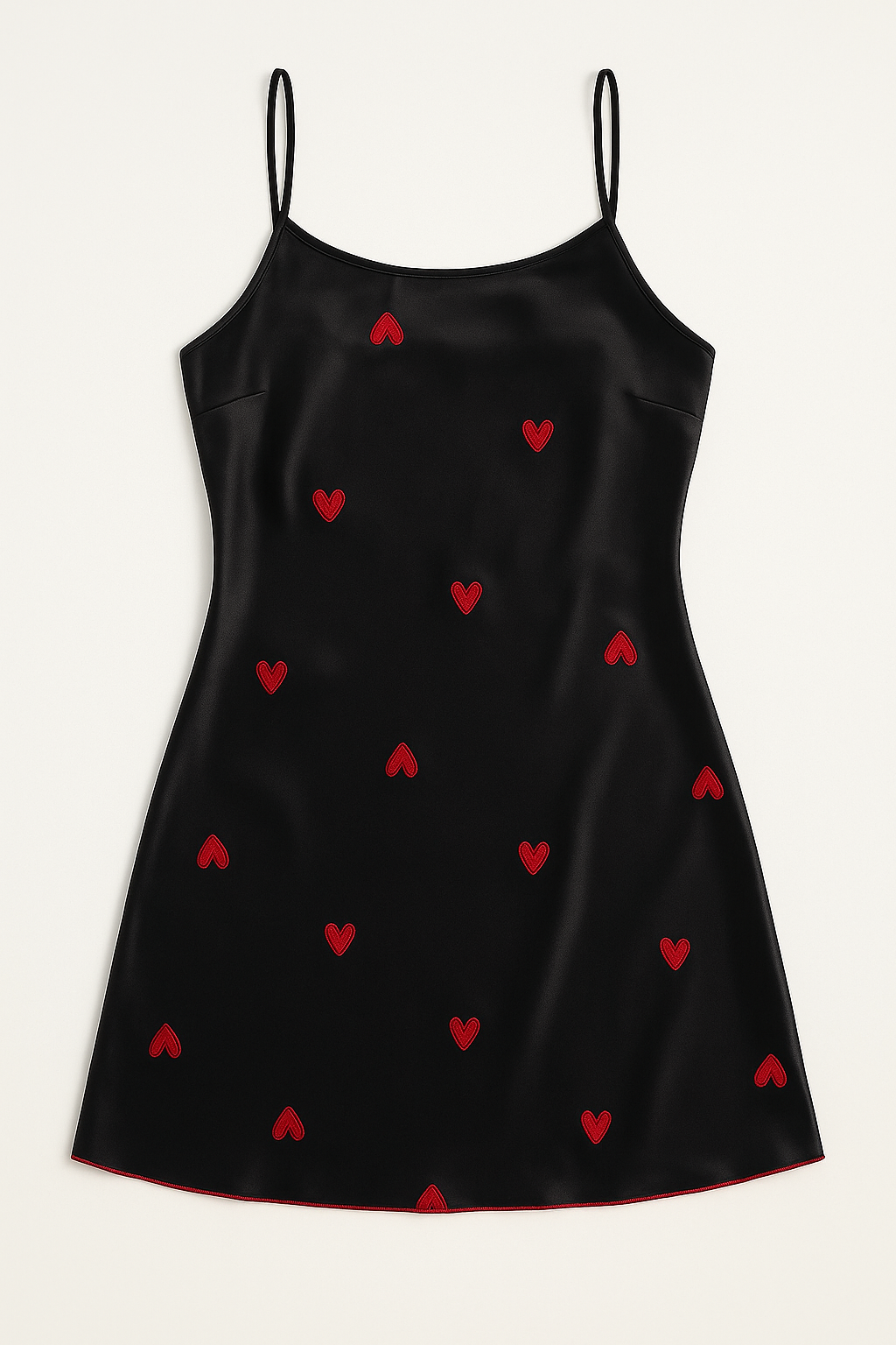 Black Satin Dress with Red Heart Embroidery