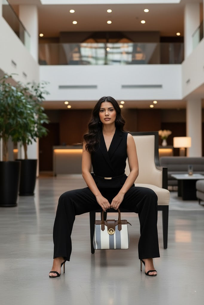 Striped Beige & Brown Handbag
