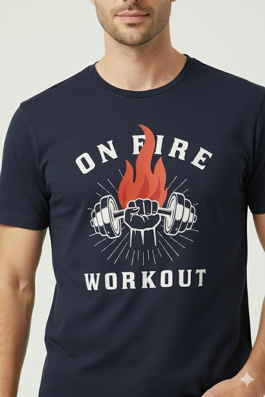 Navy Blue “On Fire Workout” Graphic T-Shirt
