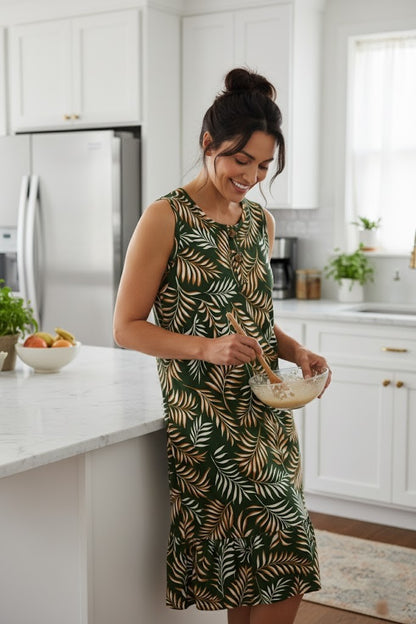 Green sleeveless tropical leaf dress