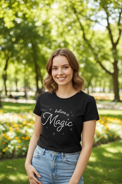 Women’s Black Printed T-Shirt – “Believe in Magic”