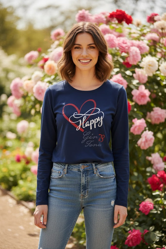 Navy Blue Long Sleeve Shirt – “Happy Heart”