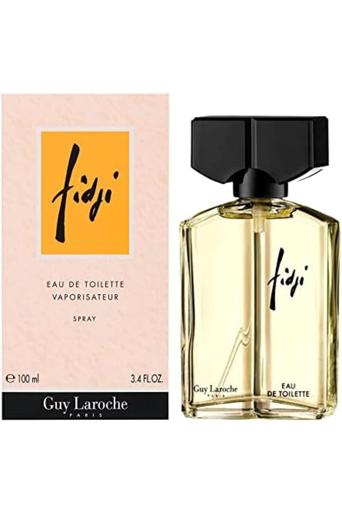 Guy Laroche Fidji Eau de Toilette spray bottle next to its pink packaging box with a yellow logo, on a plain white background.
