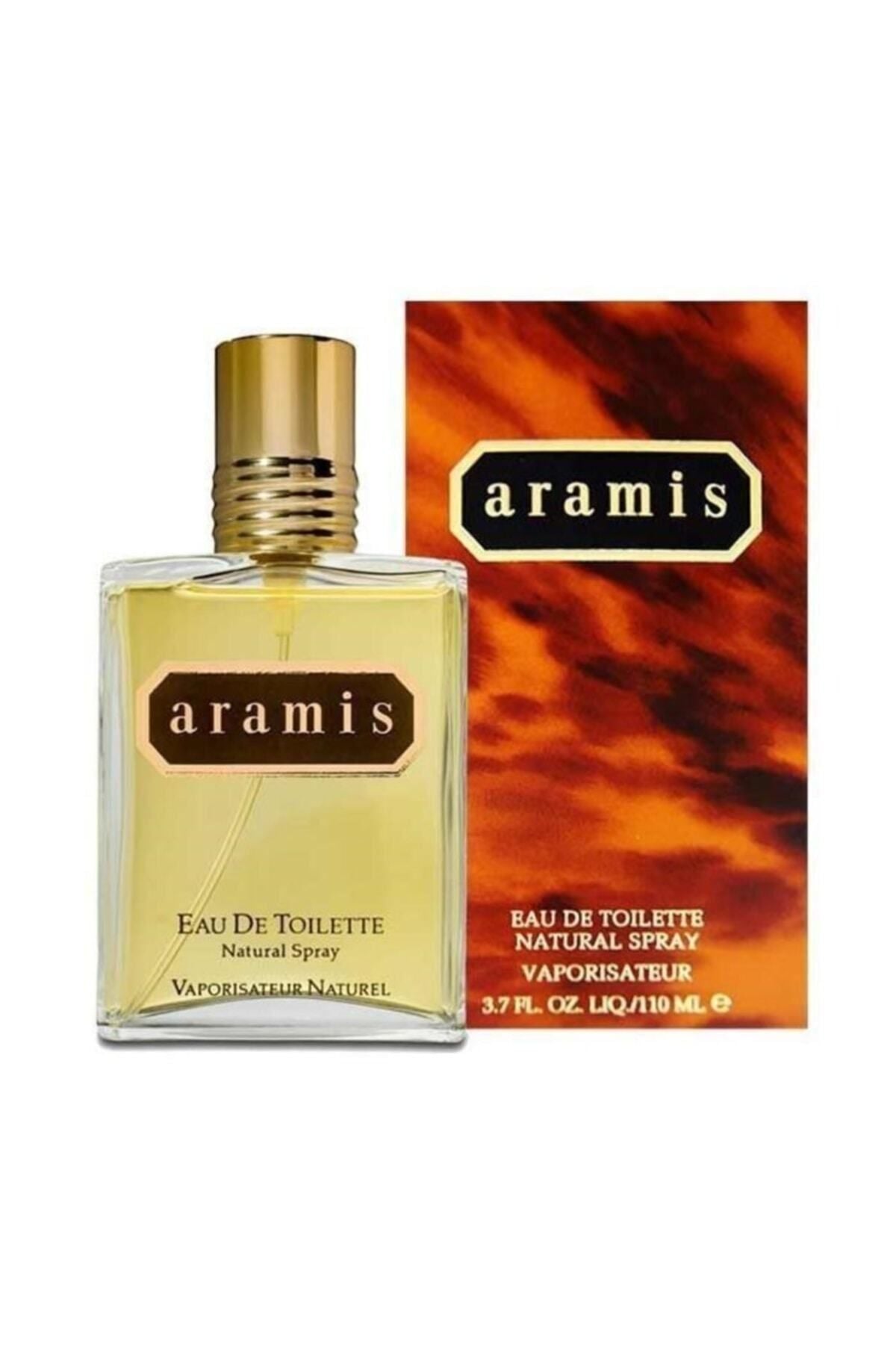 Aramis Eau De Toilette natural spray bottle with a gold cap next to its orange and red patterned box, on a white background.