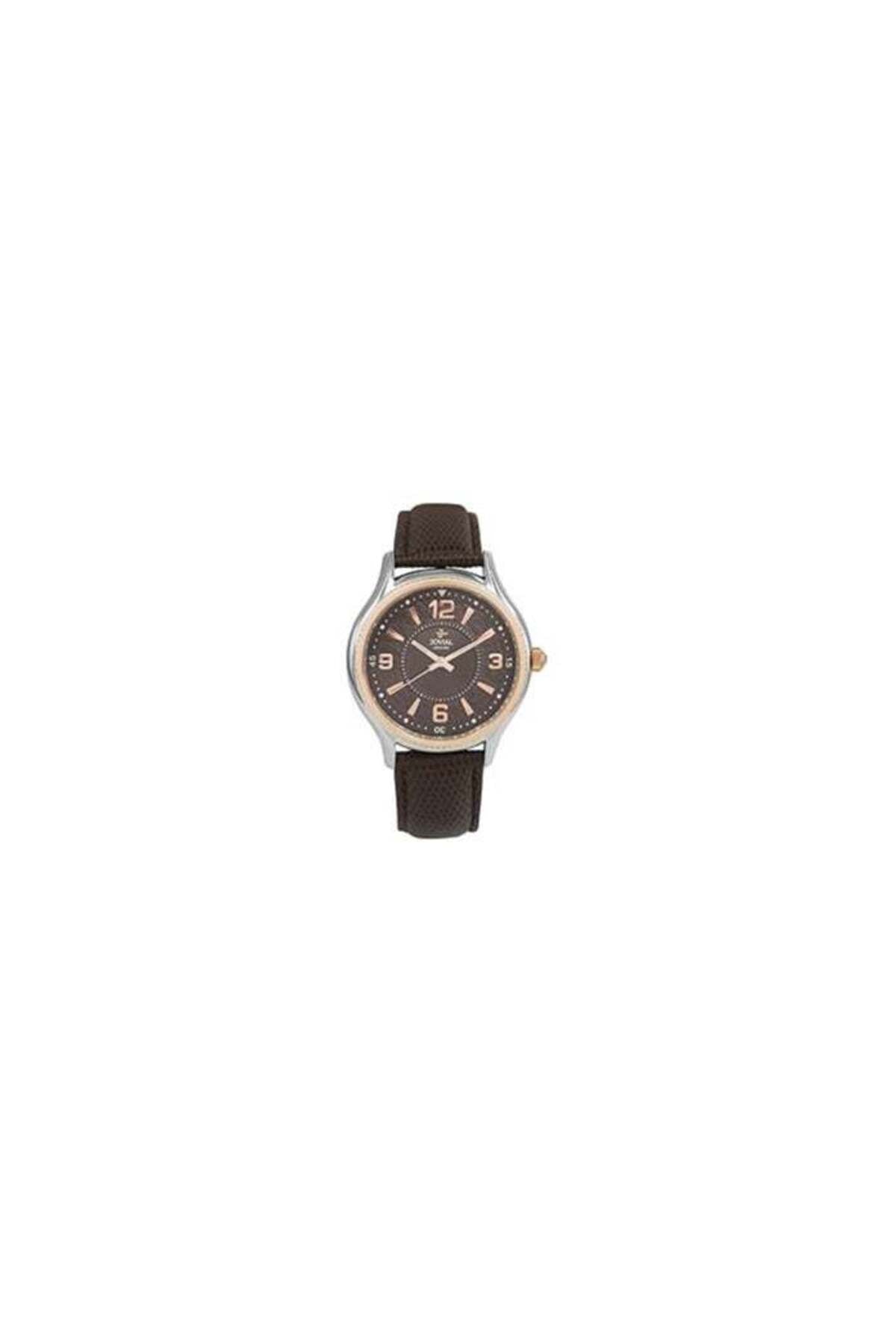 A wrist watch with a dark brown leather strap, a silver-toned case, and a brown dial with white Arabic numerals, centered on a plain white background.