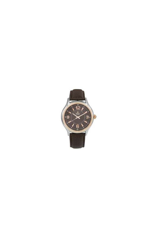 A wrist watch with a dark brown leather strap, a silver-toned case, and a brown dial with white Arabic numerals, centered on a plain white background.