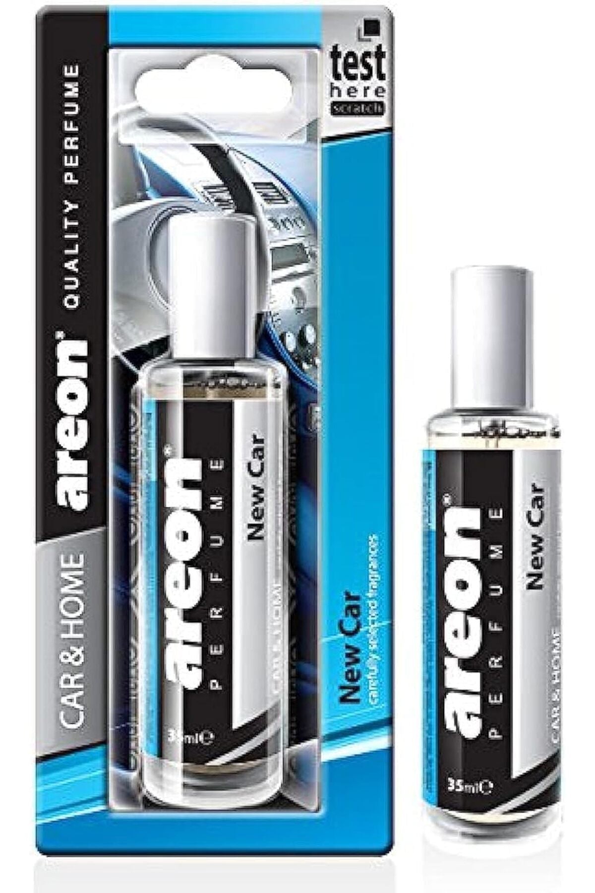 Areon Car & Home perfume test kit showing the retail blister packaging on the left and a single 30ml bottle on the right, both labeled 'New Car' and 'Areon Perfume'.
