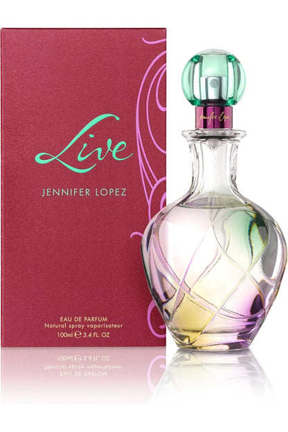 Jennifer Lopez Live Eau de Parfum bottle next to its magenta packaging box, featuring a clear glass bottle with iridescent swirls and a green cap, set against a white background with a reflection.