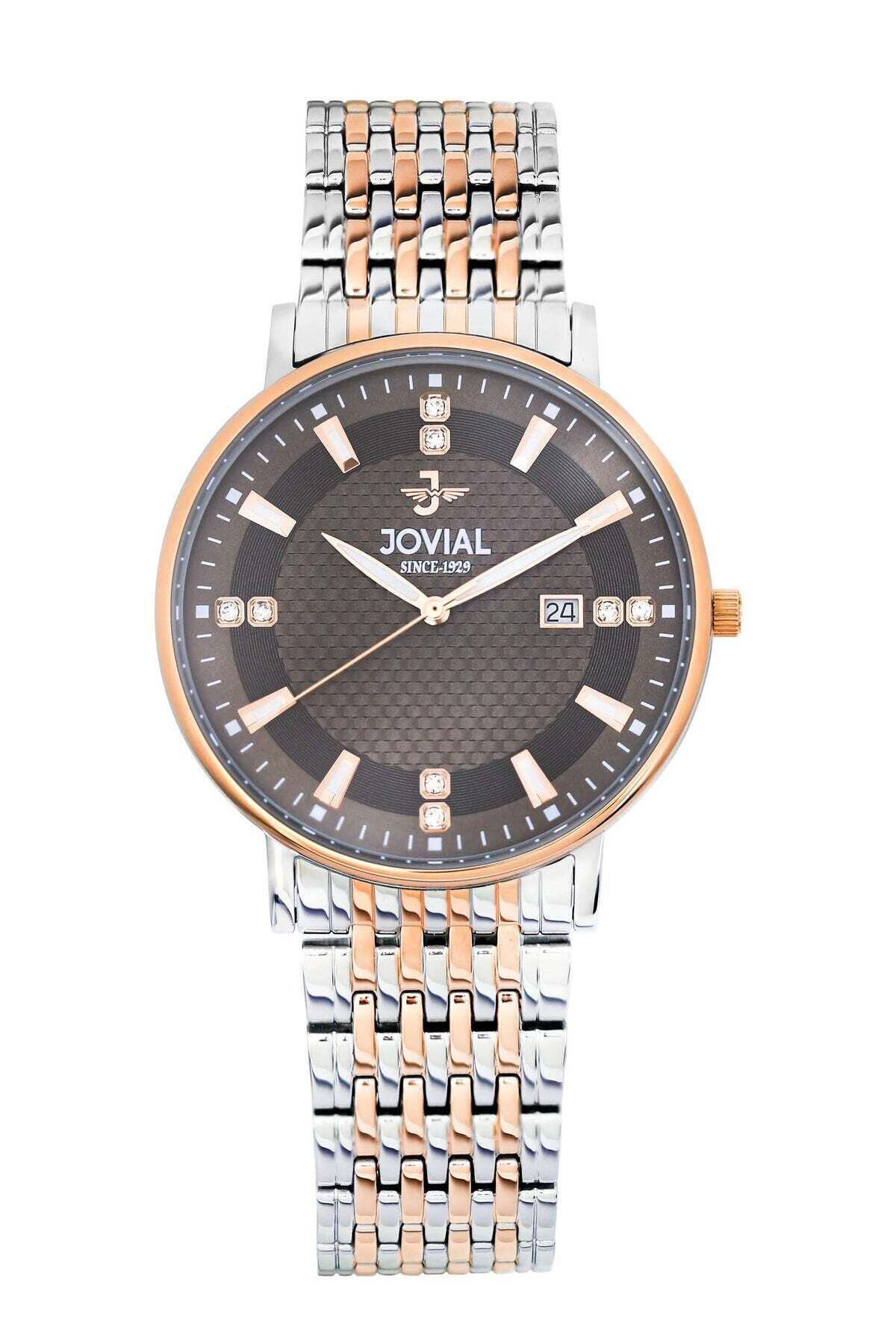 A Jovial men's analog watch with a two-tone silver and rose gold stainless steel link bracelet, a round rose gold bezel, and a textured dark gray dial with a date window.