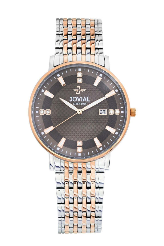 A Jovial men's analog watch with a two-tone silver and rose gold stainless steel link bracelet, a round rose gold bezel, and a textured dark gray dial with a date window.