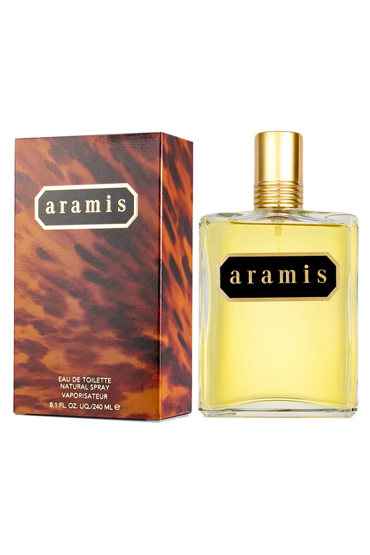 Aramis Eau de Toilette natural spray bottle with a gold cap next to its textured brown and orange patterned box, on a white background.