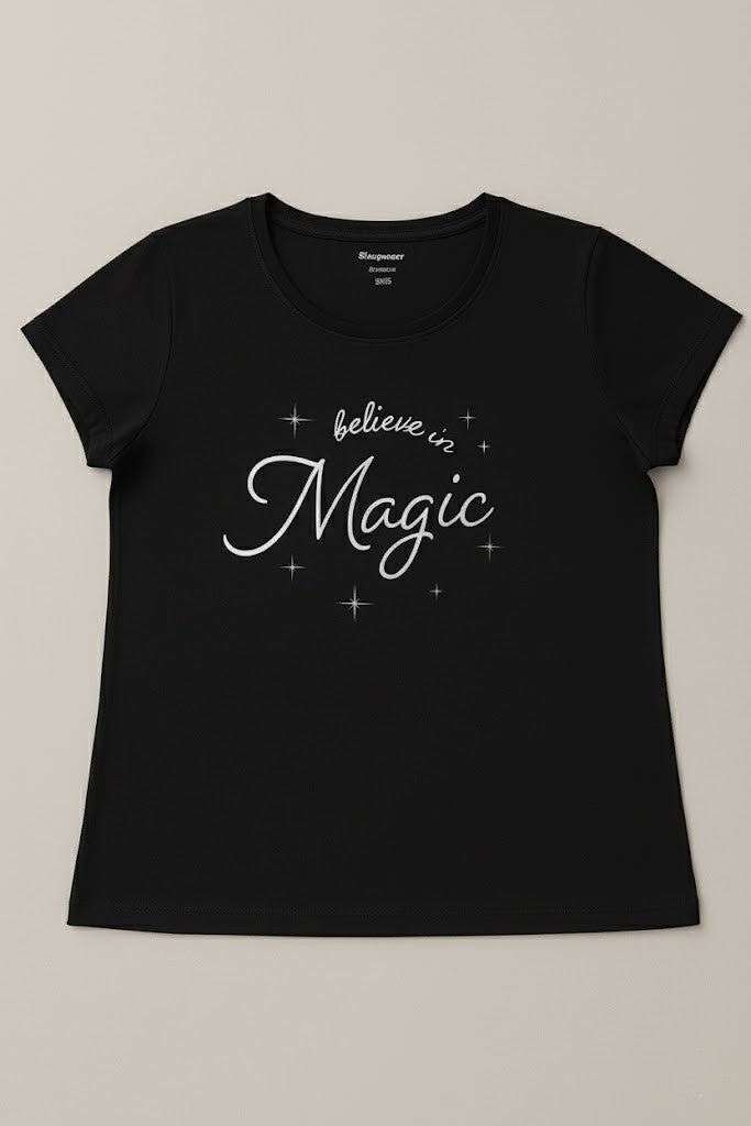 Women’s Black Printed T-Shirt – “Believe in Magic”