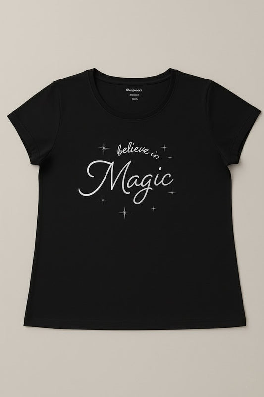 Women’s Black Printed T-Shirt – “Believe in Magic”