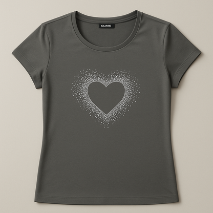 Women’s Grey T-Shirt with Crystal Heart Design