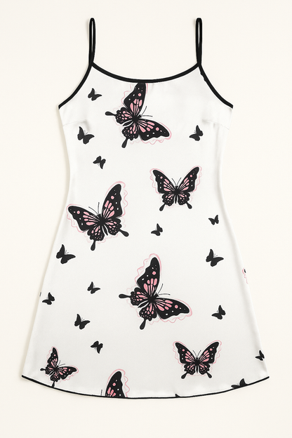 White Satin Slip Dress with Butterfly Print
