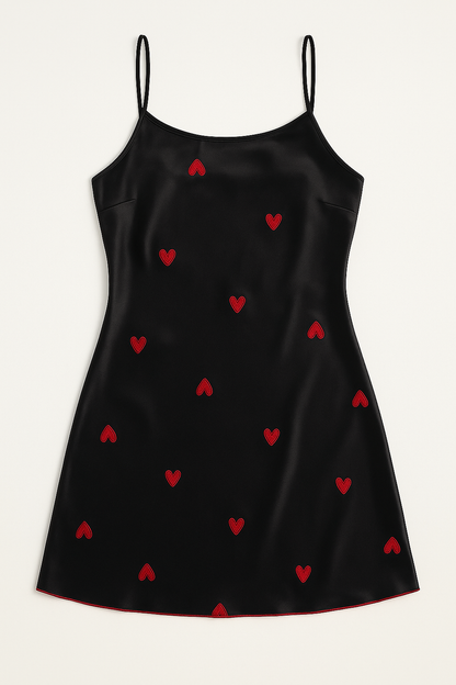 Black Satin Dress with Red Heart Embroidery