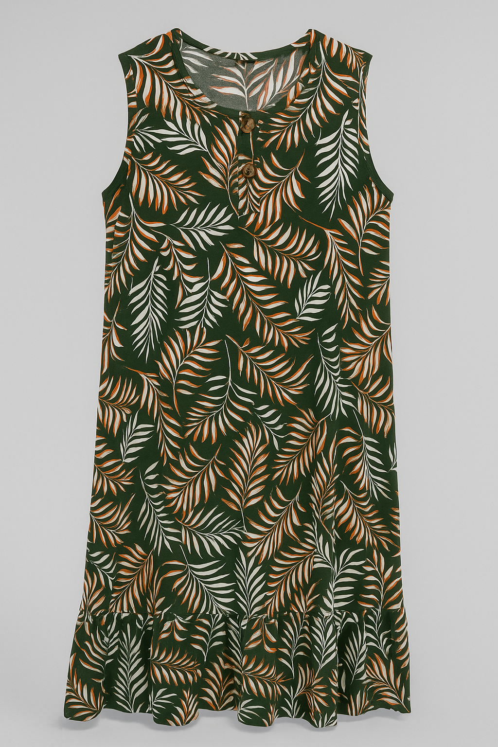 Green sleeveless tropical leaf dress