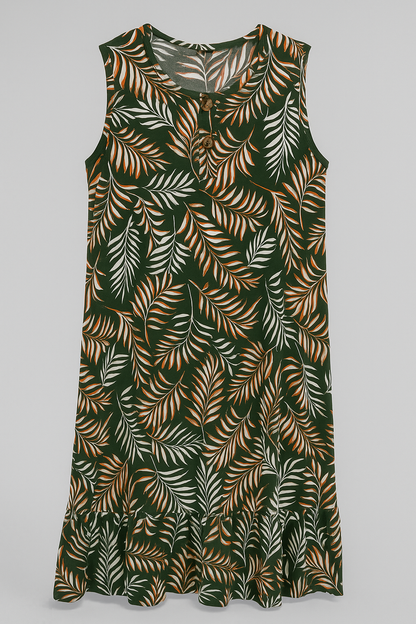Green sleeveless tropical leaf dress