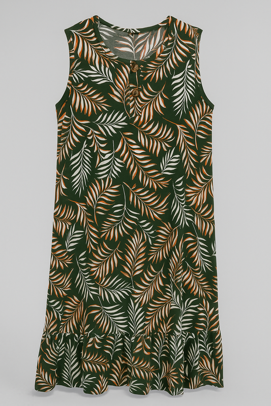 Green sleeveless tropical leaf dress