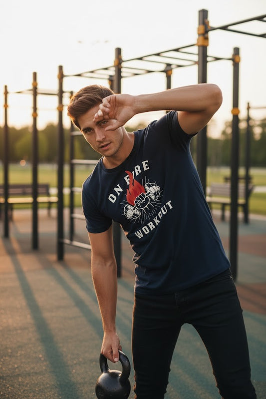 Navy Blue “On Fire Workout” Graphic T-Shirt