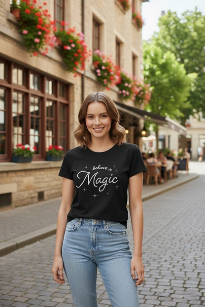 Women’s Black Printed T-Shirt – “Believe in Magic”