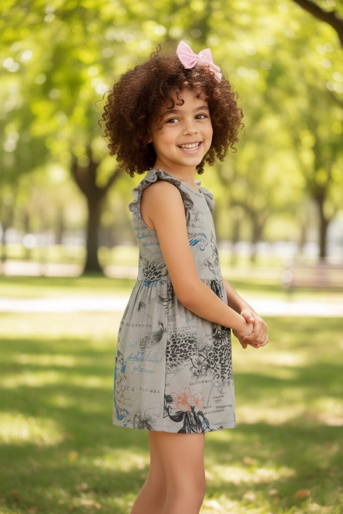 Girls’ Printed Flutter-Sleeve Casual Dress