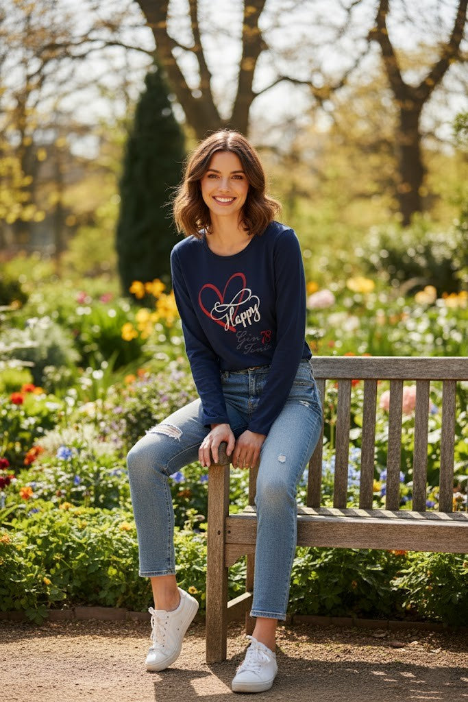 Navy Blue Long Sleeve Shirt – “Happy Heart”