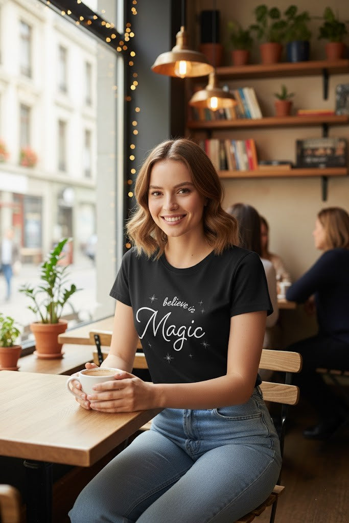 Women’s Black Printed T-Shirt – “Believe in Magic”