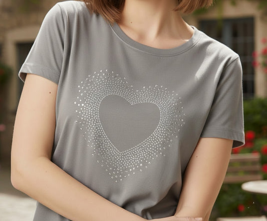 Women’s Grey T-Shirt with Crystal Heart Design