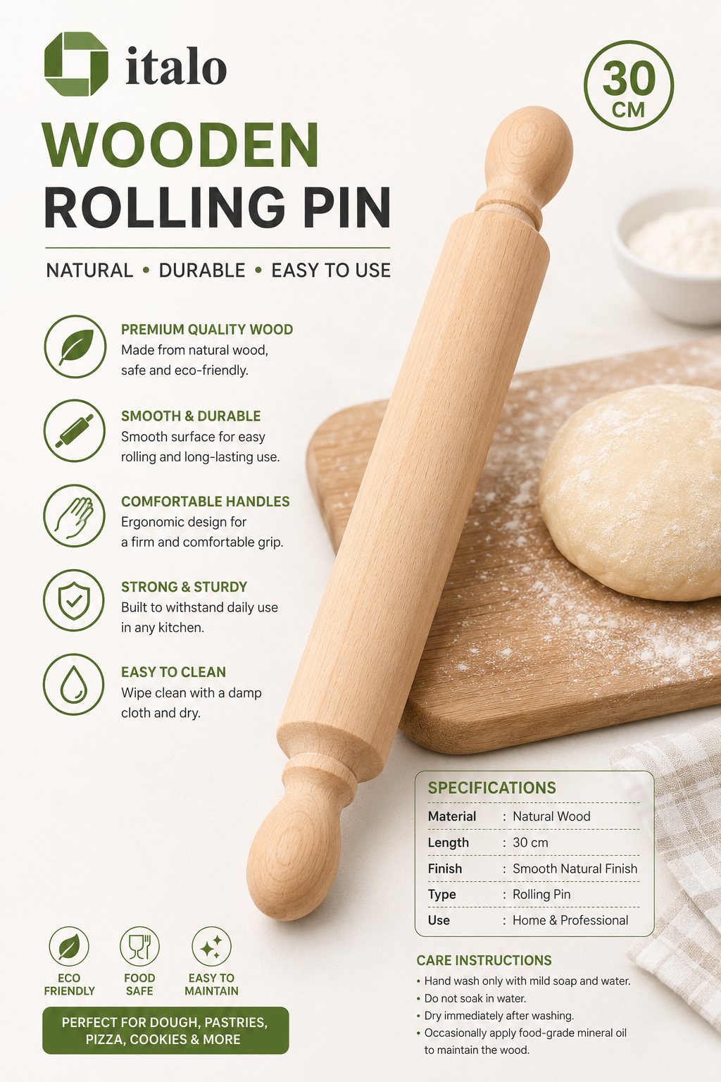 Premium Wooden Rolling Pin – 30 cm