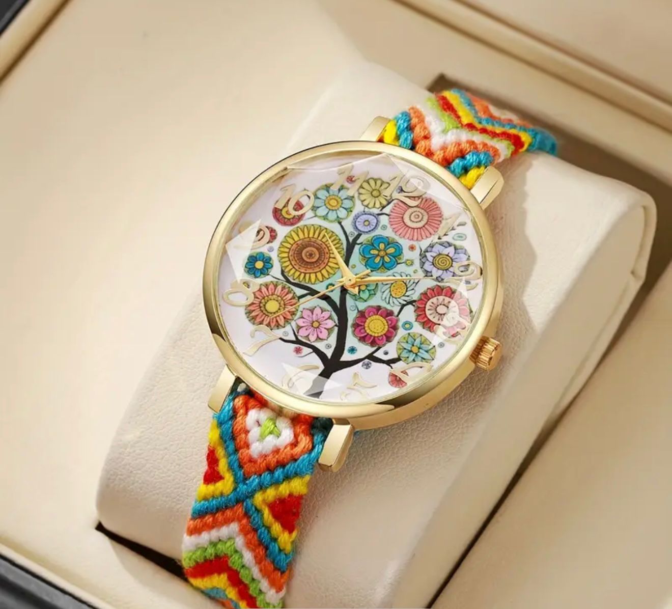 Boho Floral Art Watch with Woven Colorful Strap